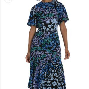 Maggy London NWT Floral Asymmetrical Tiered Midi Dress, Black and Blue - Size 8